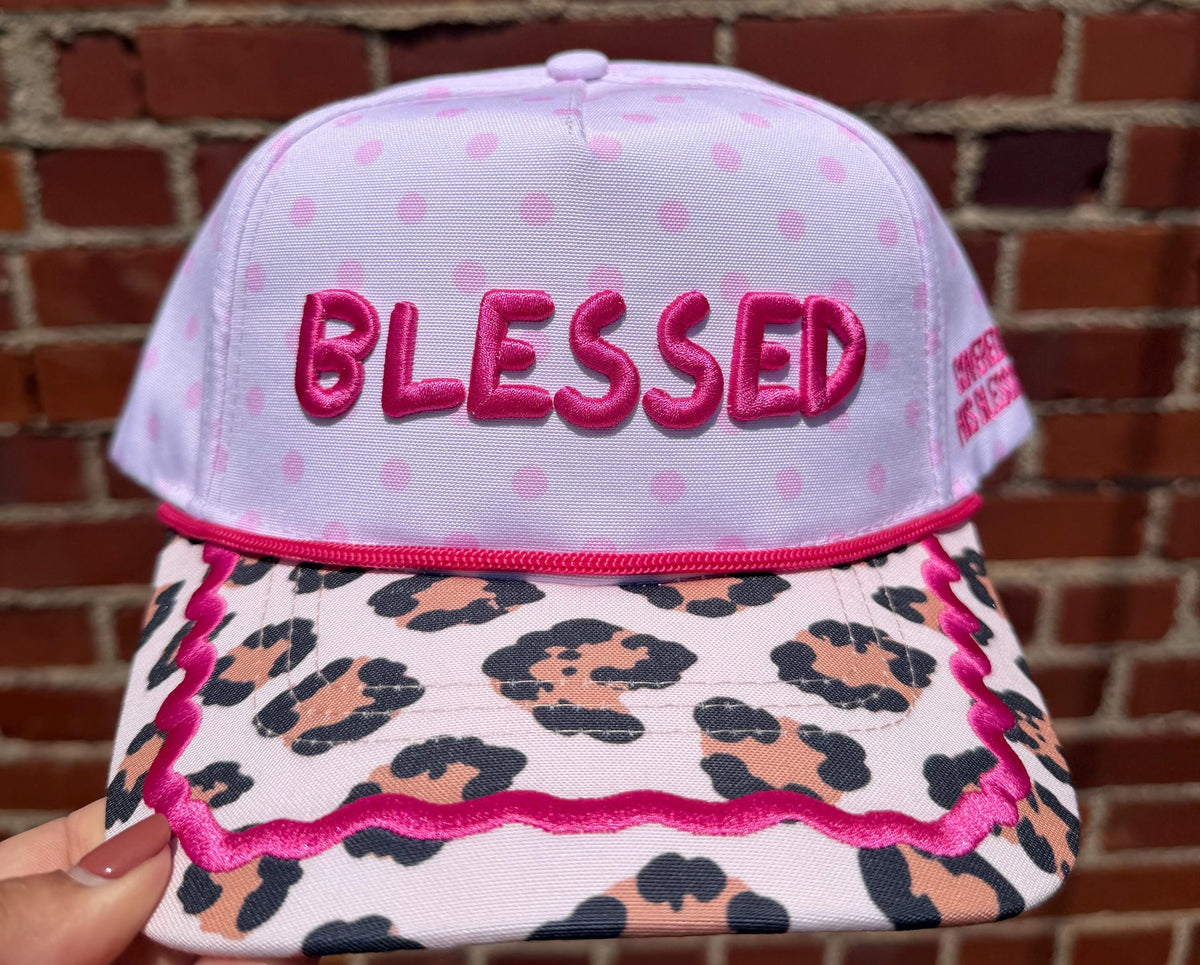 BLESSED embroidered canvas trucker hat with adjustable snap closure