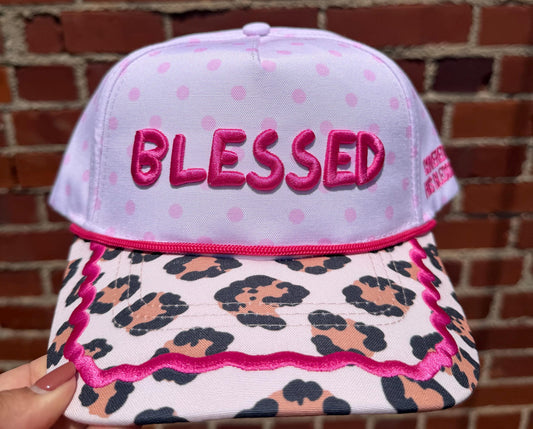 BLESSED embroidered canvas trucker hat with adjustable snap closure