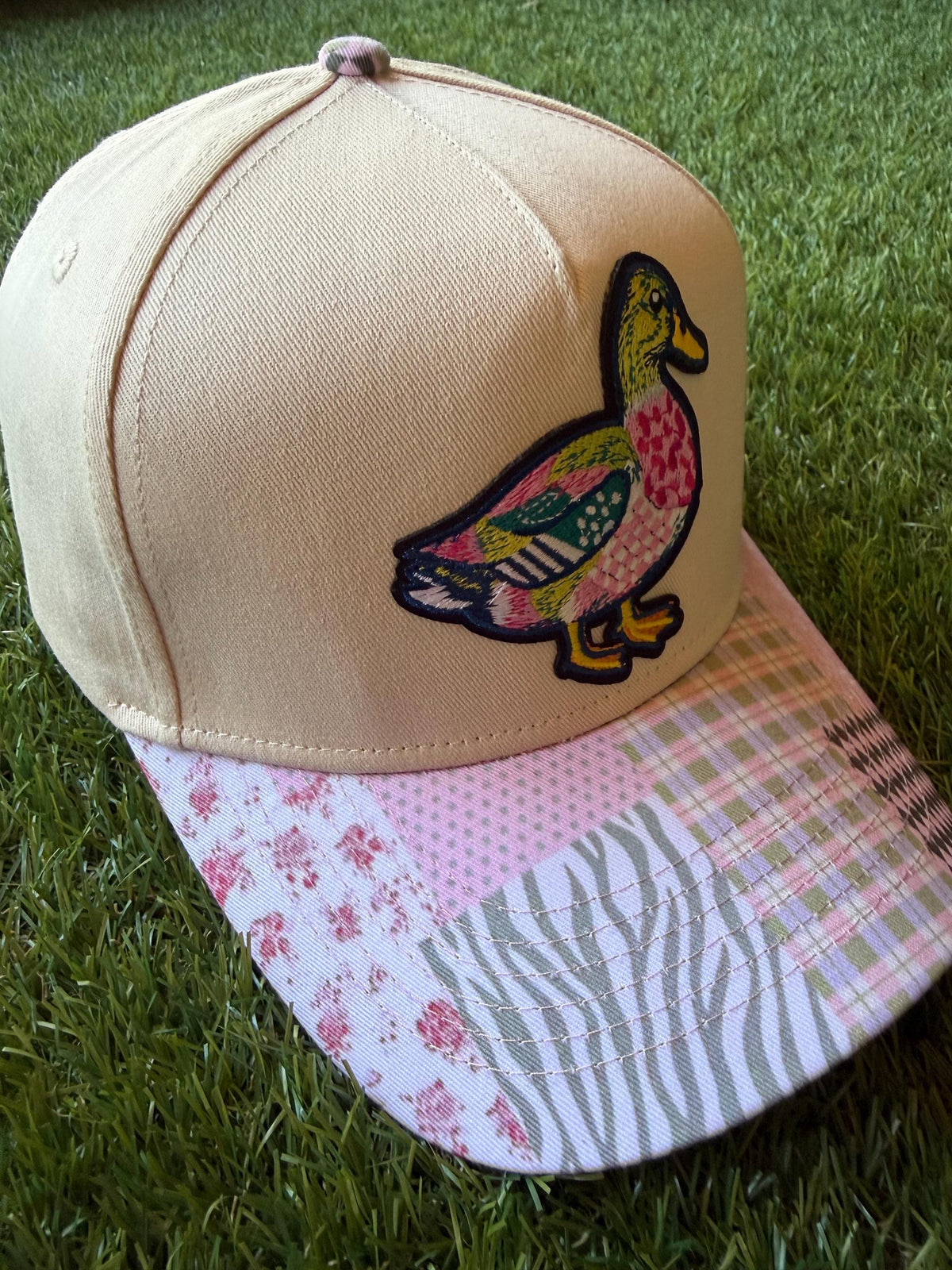 Pastel Duck custom canvas trucker hat with patterned brim