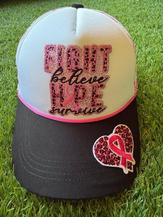 Fight Believe Hope Survive breast cancer awareness custom mesh trucker hat with pink ribbon detailing on the mesh