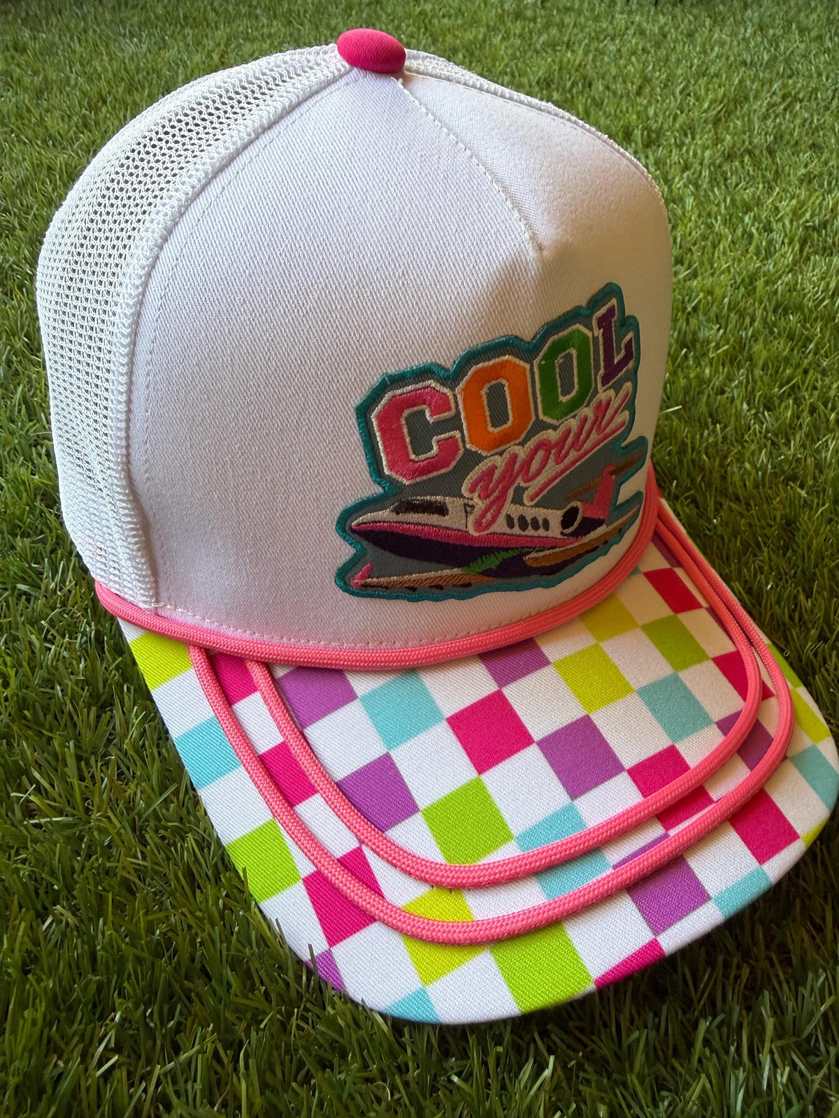 Cool Your Jets custom canvas and mesh combo trucker hat with a multicolored brim