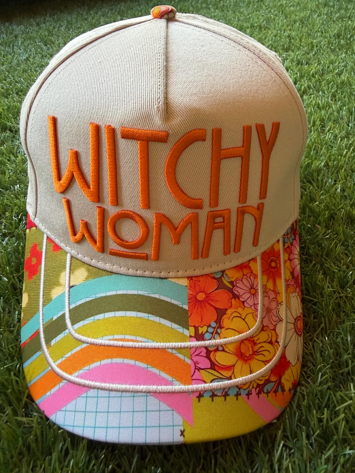 Witchy Woman embroidered letters on custom canvas trucker with boho brim