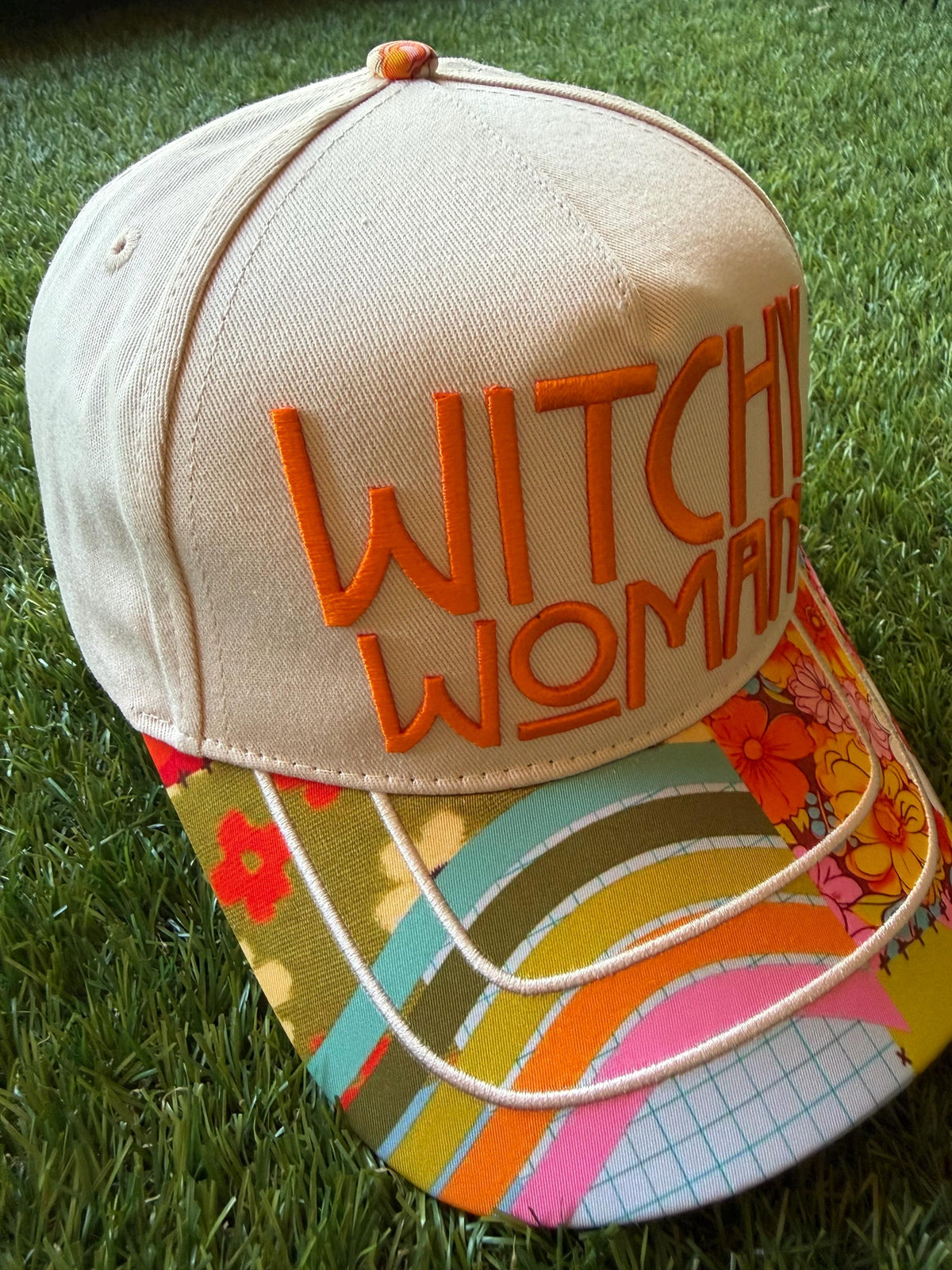 Witchy Woman embroidered letters on custom canvas trucker with boho brim