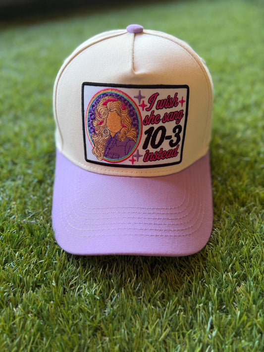 I Wish She Sang 10-3 Instead on a custom canvas trucker hat with a coordinating lavender brim