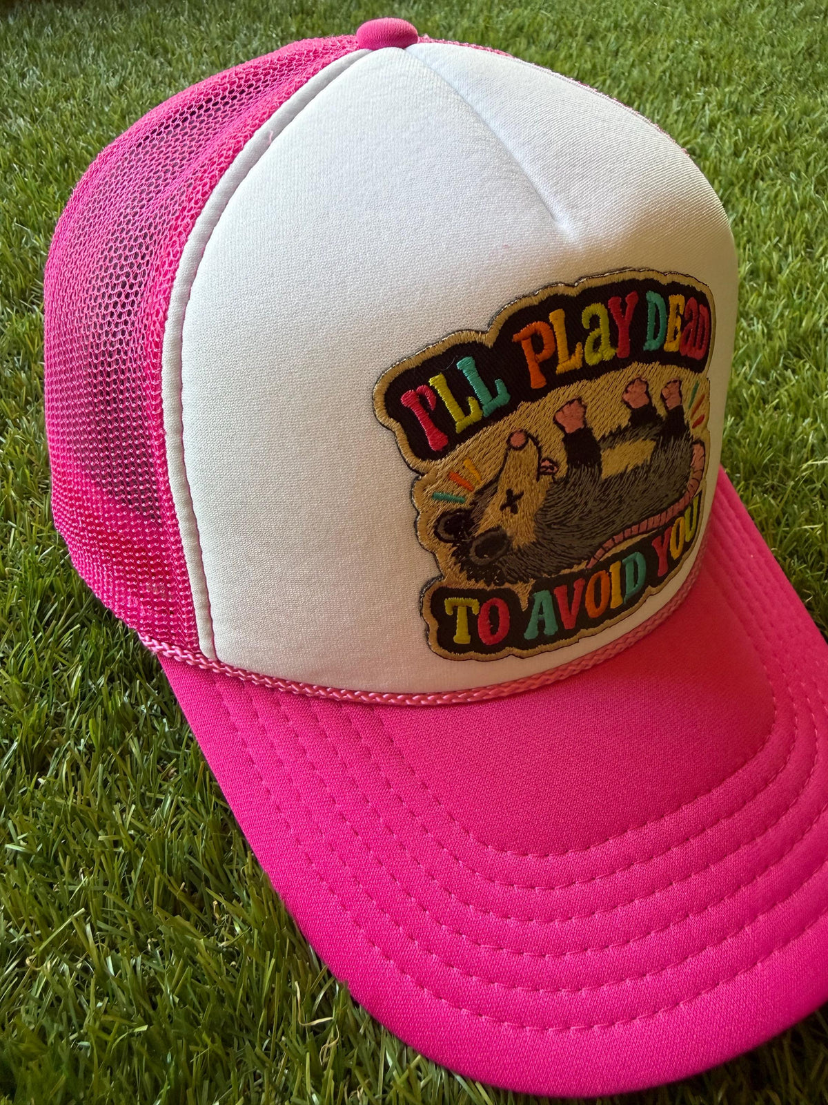 I Will Play Dead to Avoid You on an Otto custom mesh trucker hat with adjustable snap back