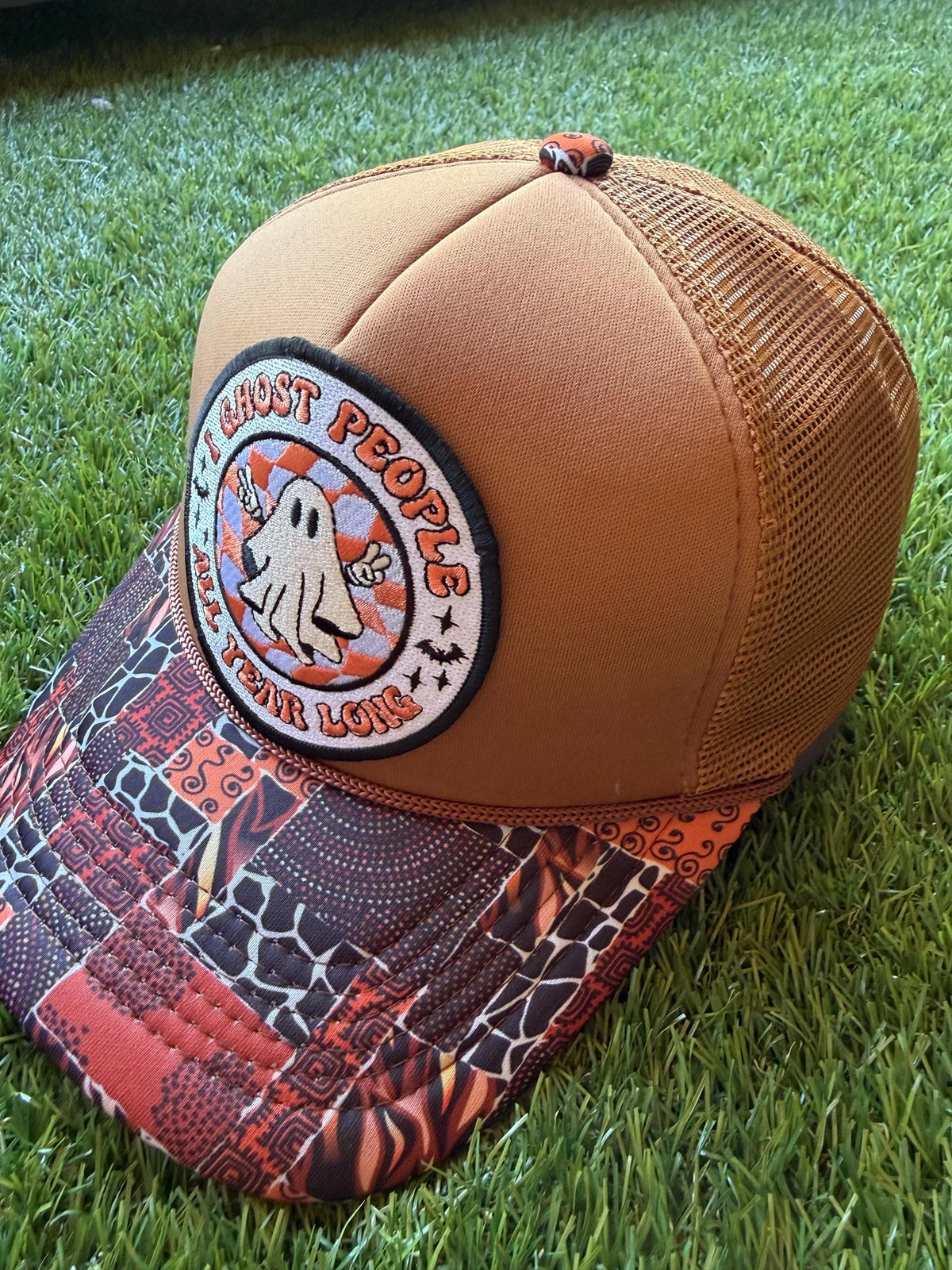 I Ghost People All Year Long on a custom mesh trucker hat with great fall colors