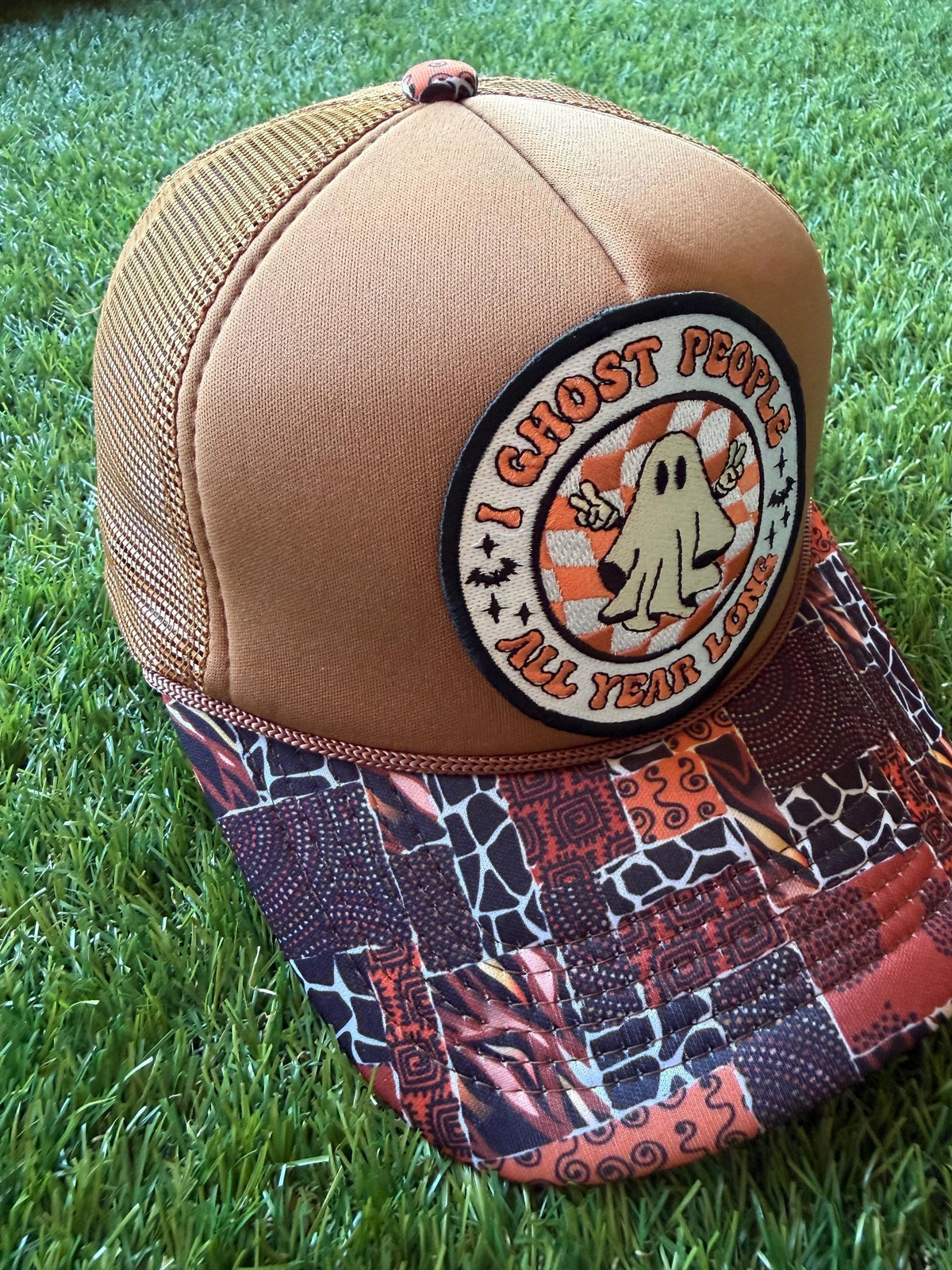 I Ghost People All Year Long on a custom mesh trucker hat with great fall colors