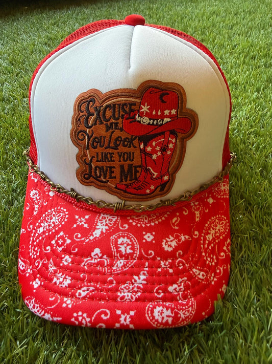 Excuse Me You Look Like You Love Me on a custom mesh trucker hat with a bandanna theme brim