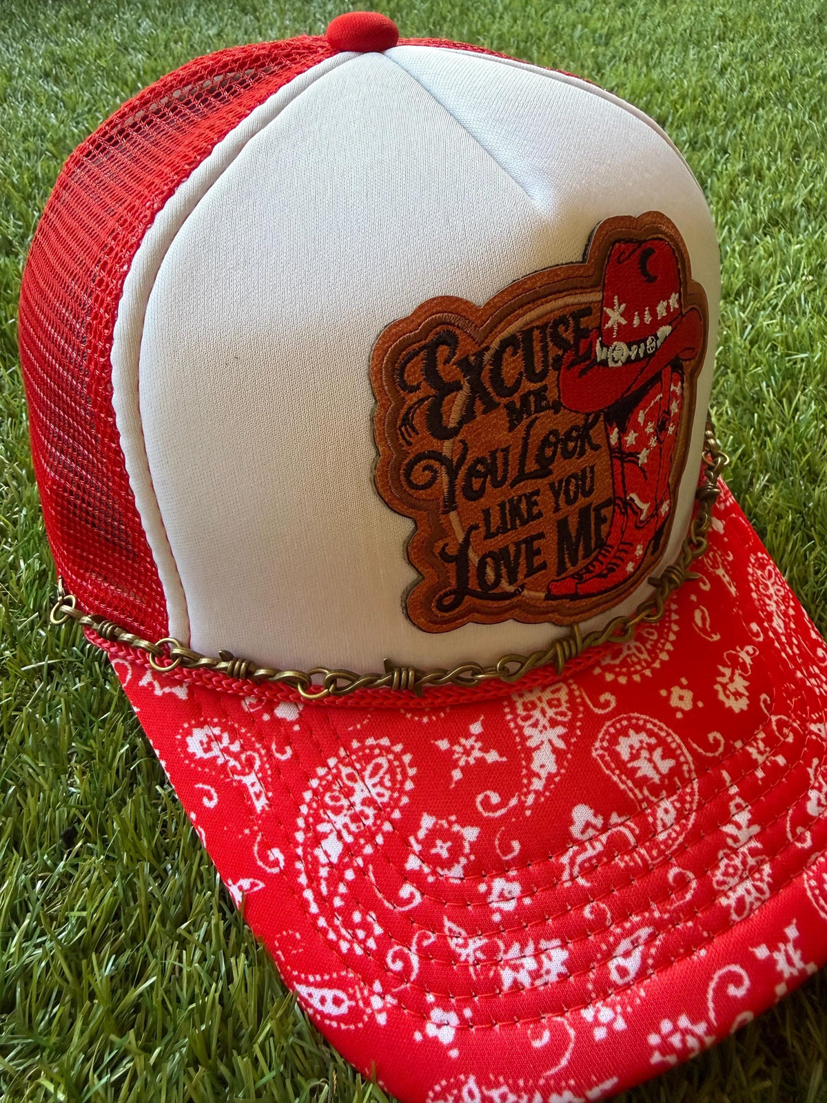 Excuse Me You Look Like You Love Me on a custom mesh trucker hat with a bandanna theme brim