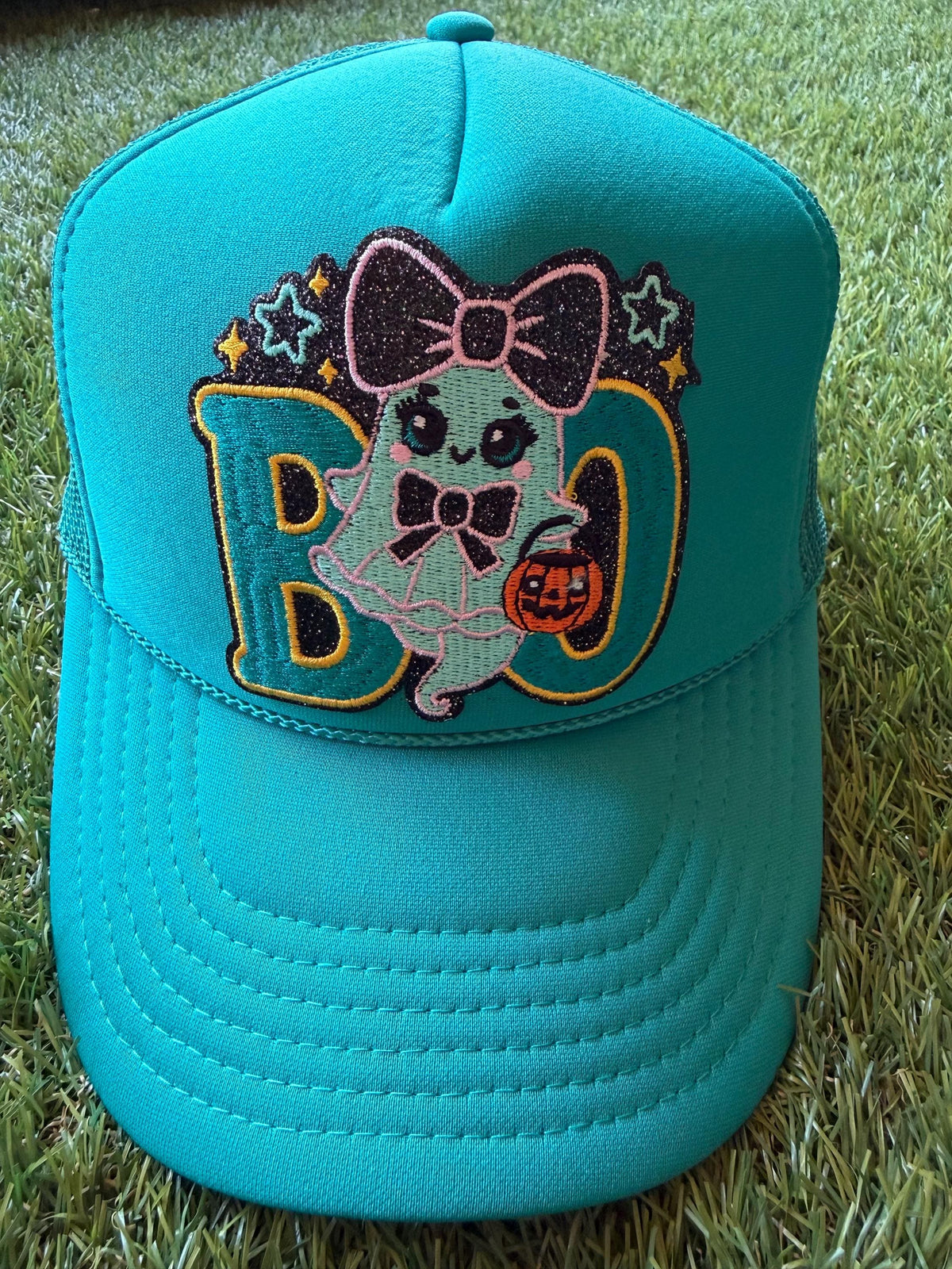 Boo with a friendly ghost on a jade Otto custom mesh trucker hat