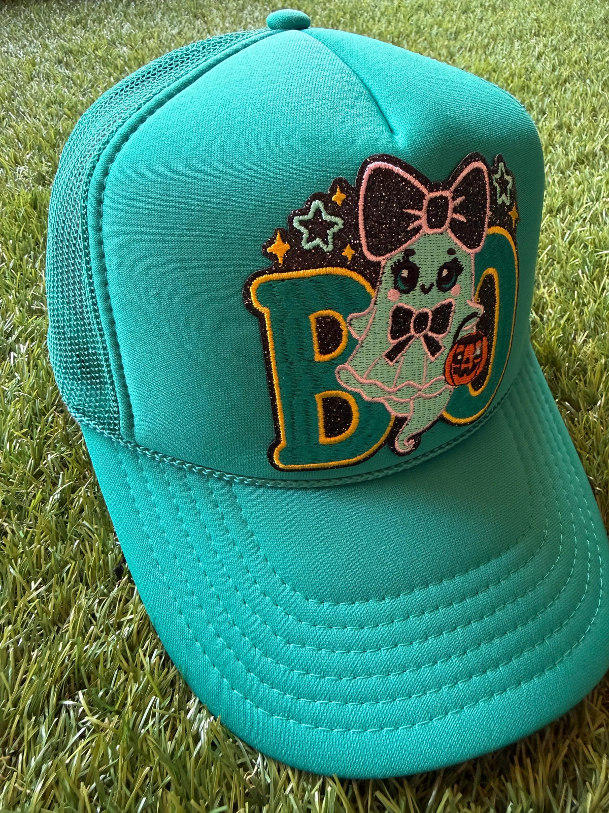 Boo with a friendly ghost on a jade Otto custom mesh trucker hat