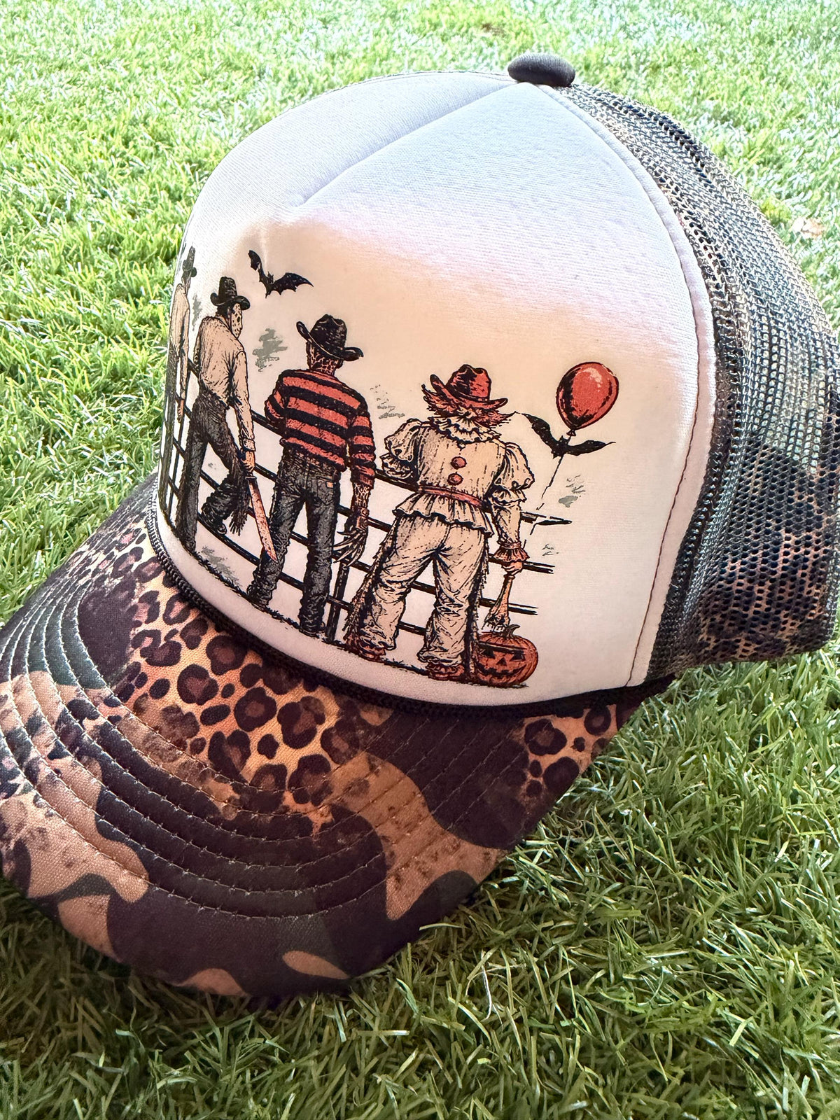 Halloween Cowboy's on custom trucker hat with leopard and camouflage print