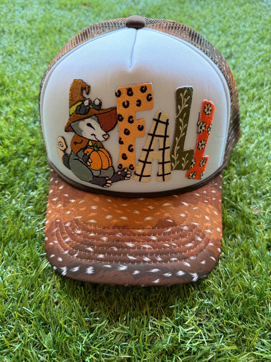 FALL embroidered patch on a custom mesh trucker deer print brim