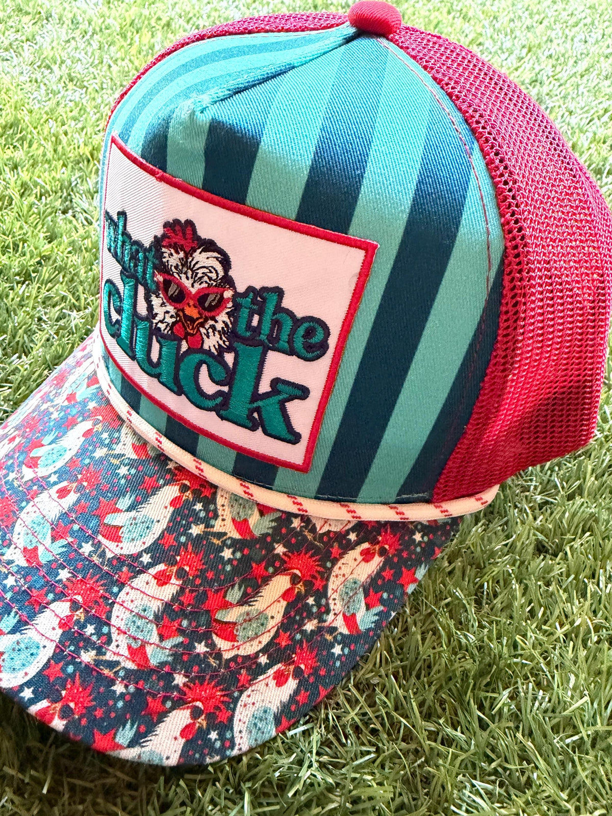 WHAT THE CLUCK embroidered patch on custom canvas/mesh trucker hat