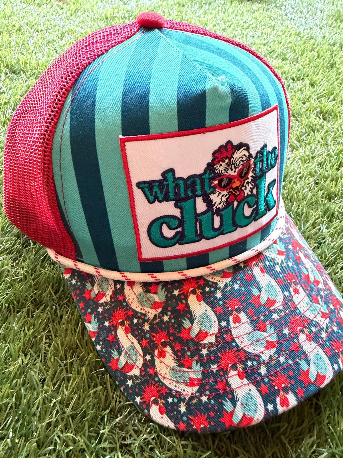 WHAT THE CLUCK embroidered patch on custom canvas/mesh trucker hat