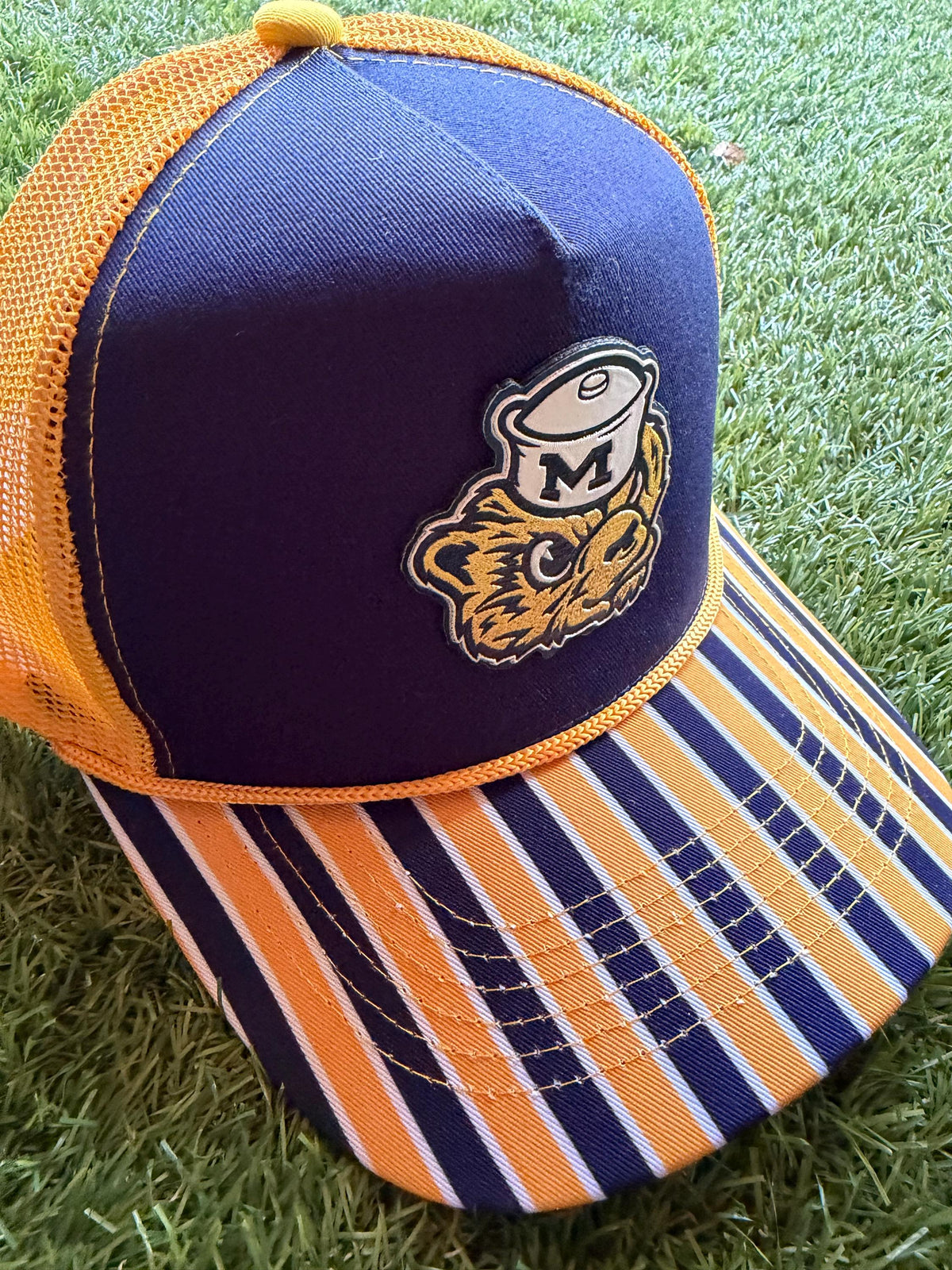 MICHIGAN maize and blue custom canvas/mesh combo trucker hat with leather patch