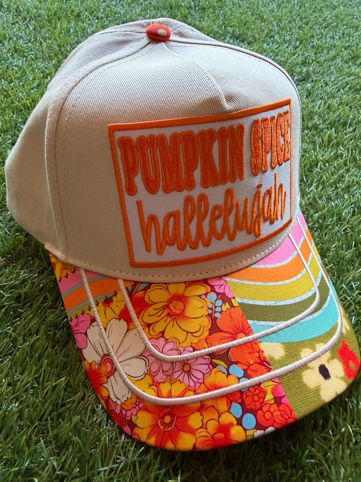 PUMPKIN SPICE HALLELUJAH on custom canvas trucker hat with boho theme brim