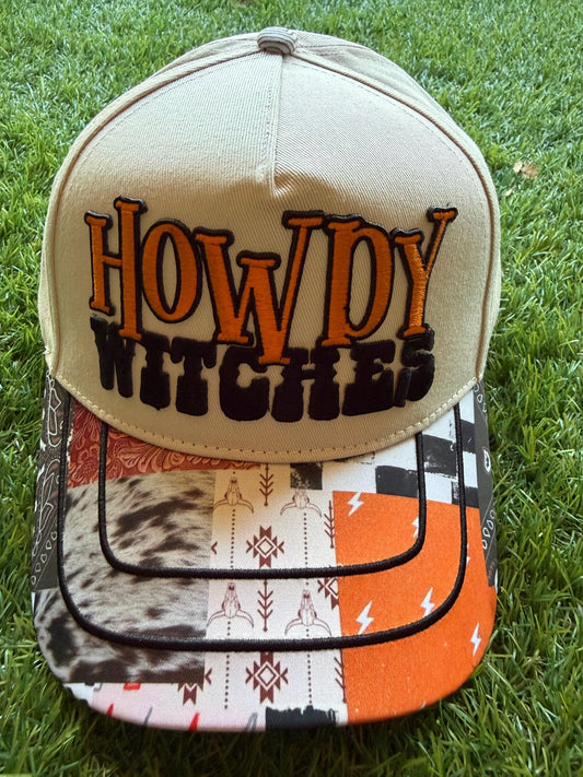 HOWDY WITCHES on custom canvas trucker hat with a western theme brim