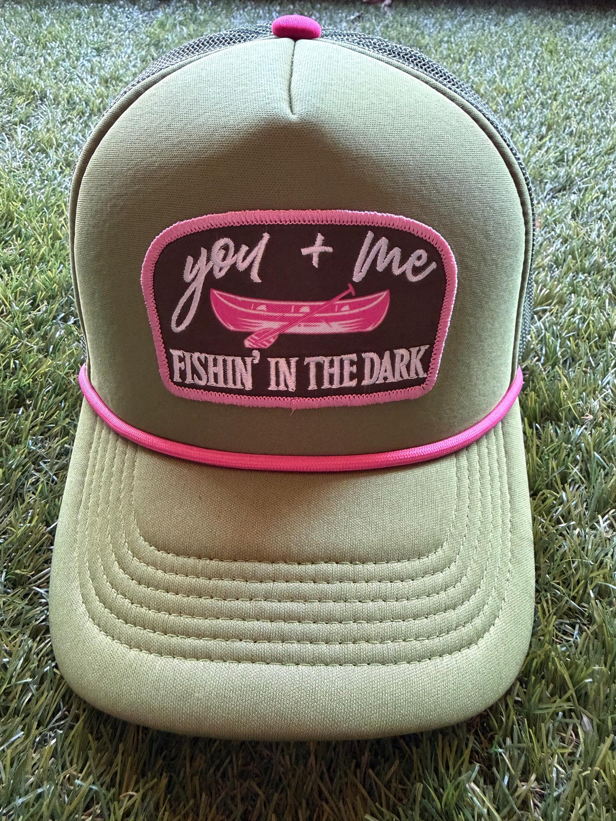 You and Me Fishin' In The Dark embroidered patch on custom trucker hat