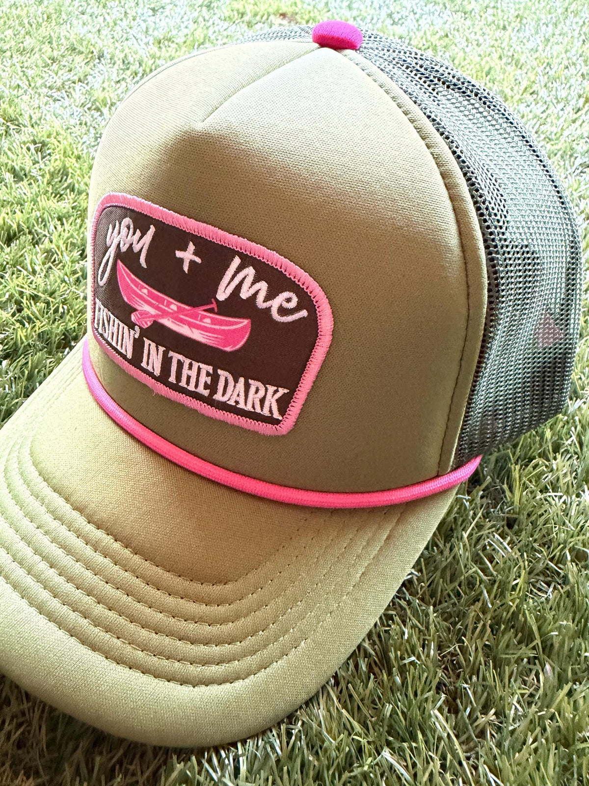 You and Me Fishin' In The Dark embroidered patch on custom trucker hat