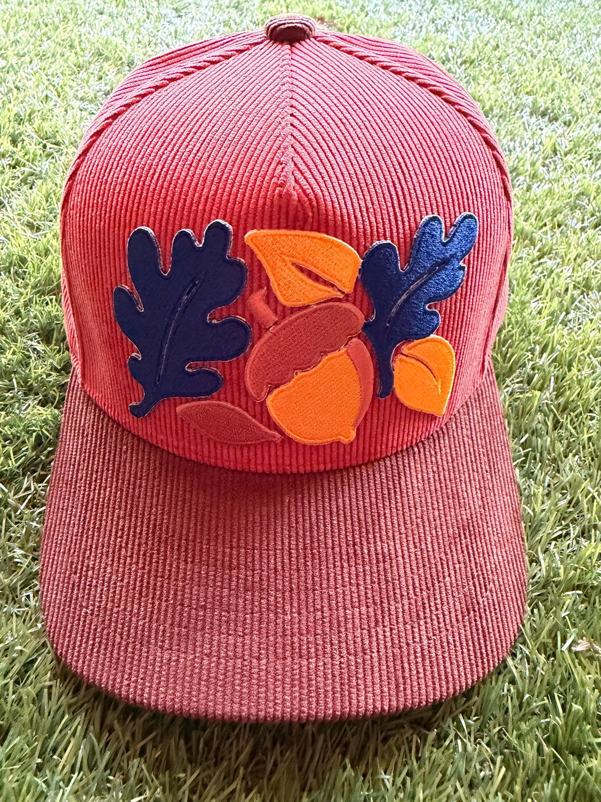 FALL inspired acorn and leaves embroidered patch on custom corduroy trucker hat