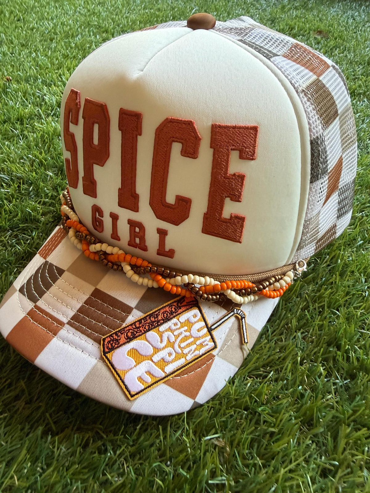 Spice Girl embroidered word patch on custom mesh trucker with matching hat chain