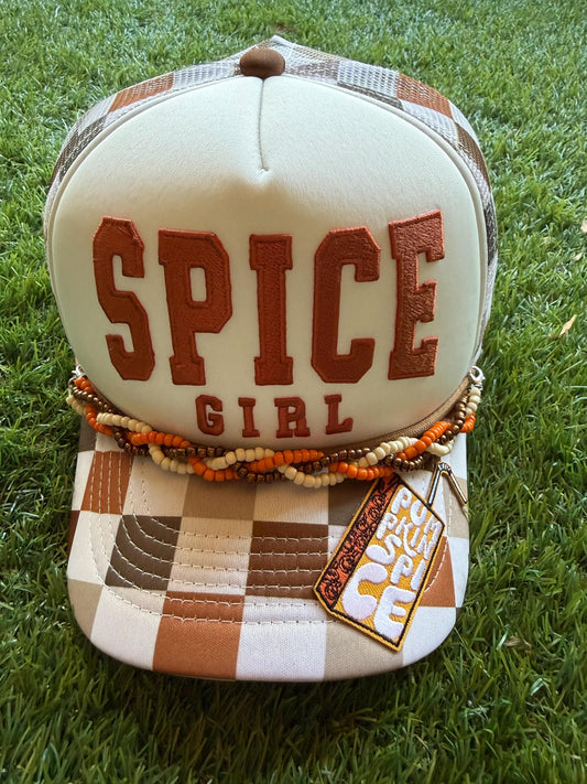 Spice Girl embroidered word patch on custom mesh trucker with matching hat chain