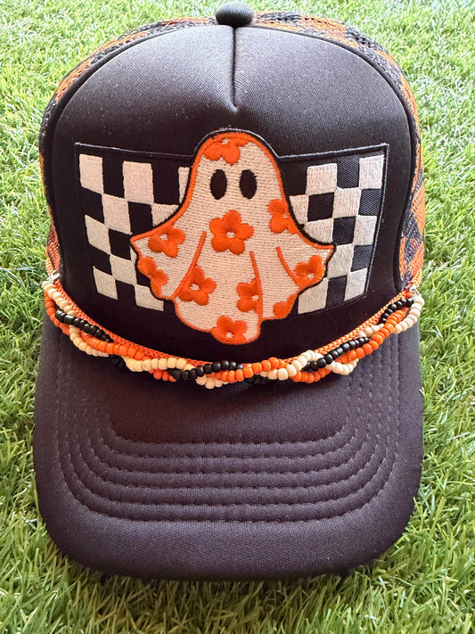 Ghost with floral sheet on custom mesh trucker hat with braided hat chain