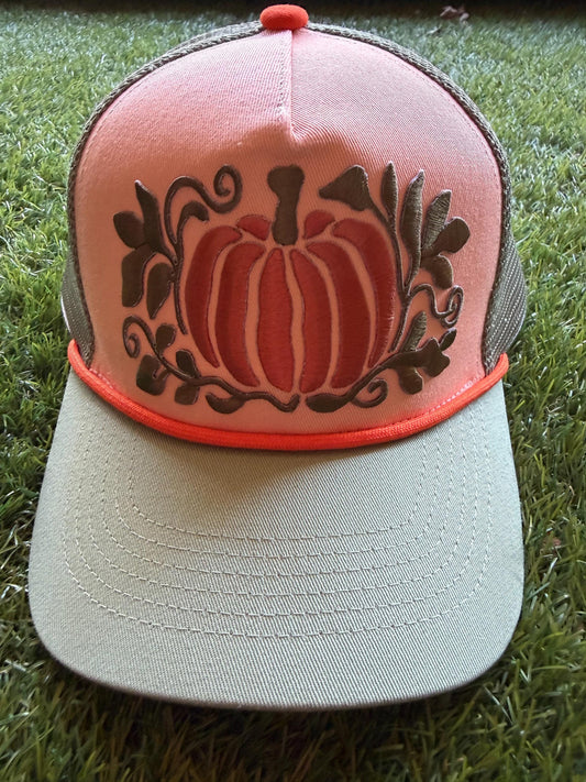 Pumpkin embroidered patch on custom canvas front trucker hat with mesh back