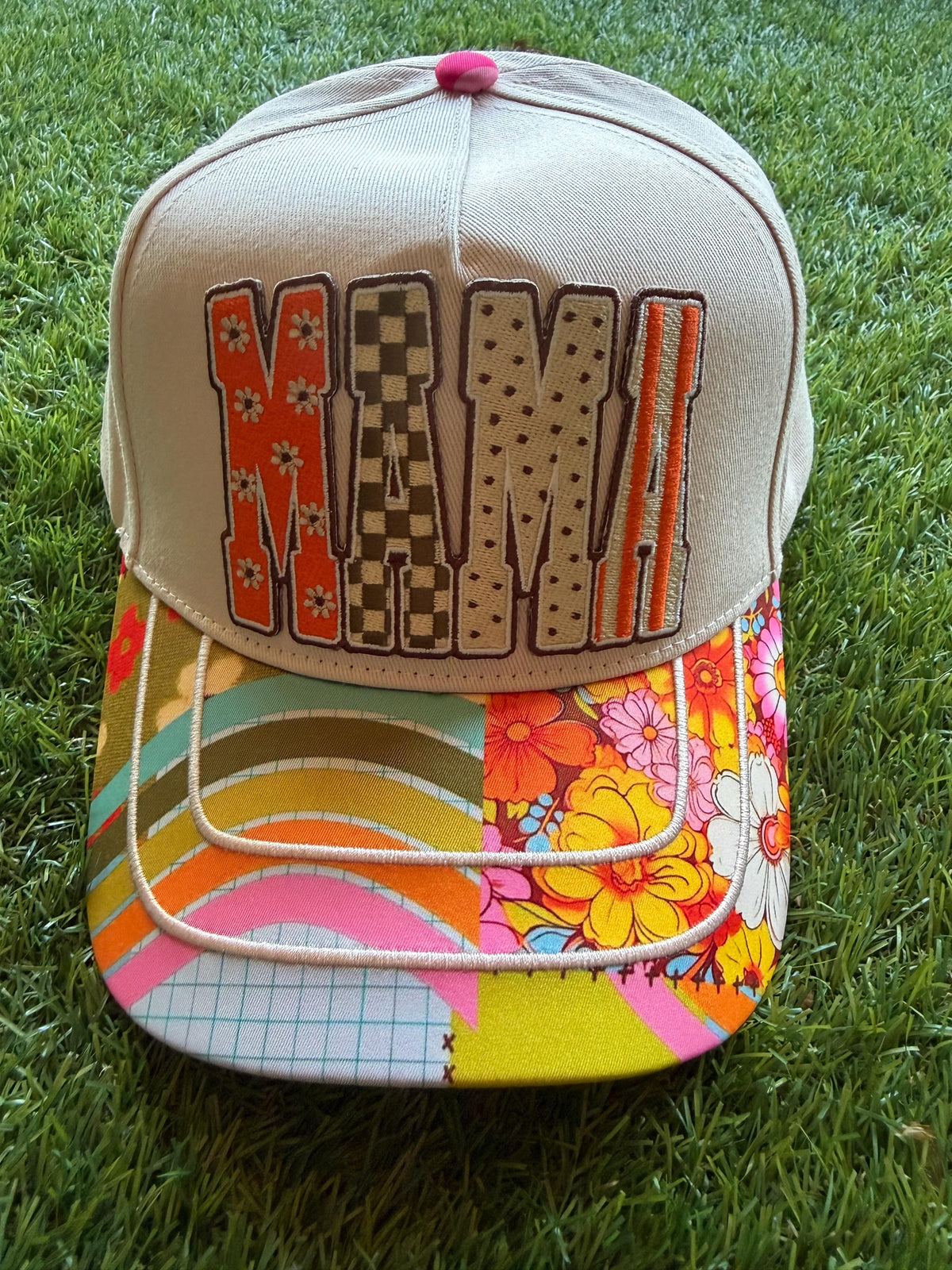 MAMA embroidered patch on custom trucker hat with boho brim