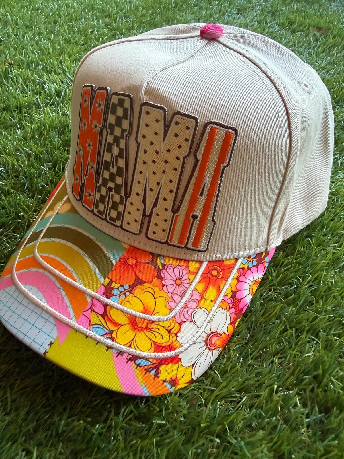 MAMA embroidered patch on custom trucker hat with boho brim