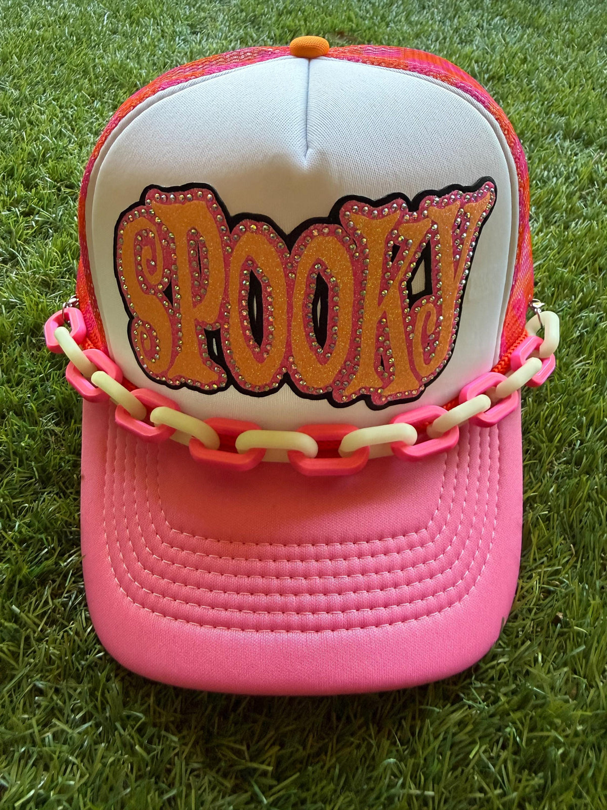 SPOOKY glow in the dark patch on custom mesh trucker hat with hat chain
