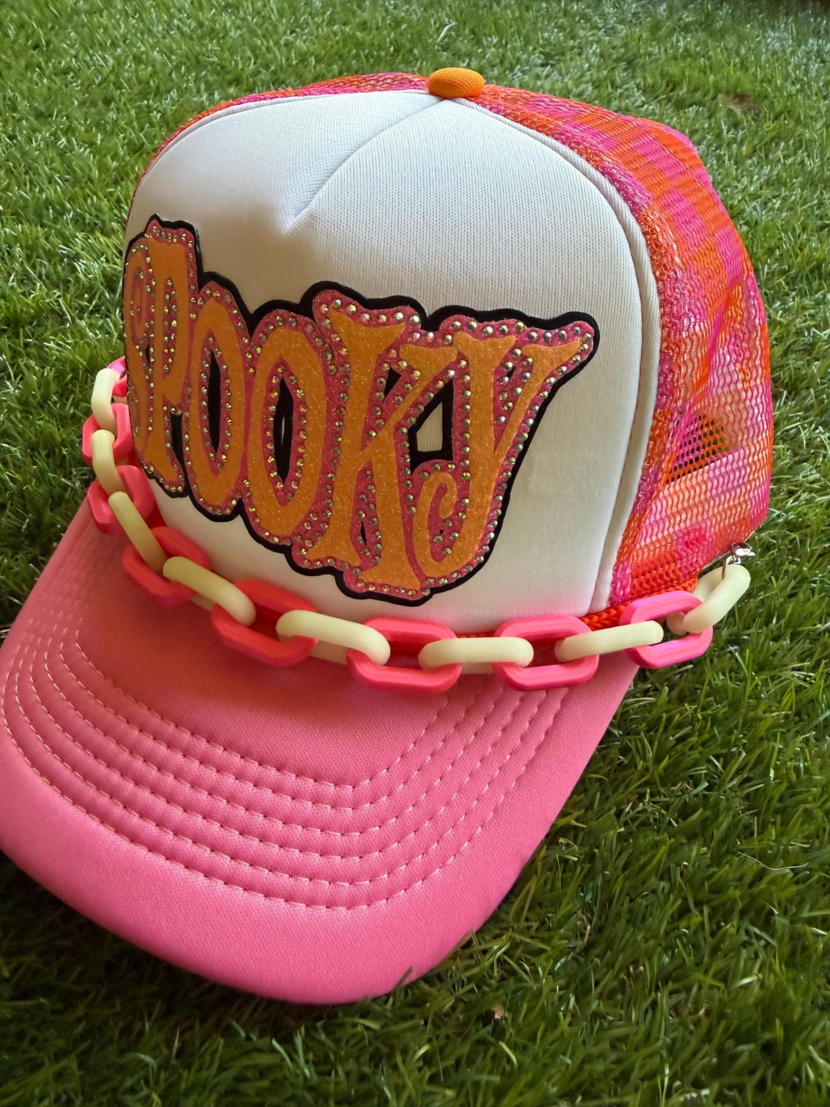 SPOOKY glow in the dark patch on custom mesh trucker hat with hat chain