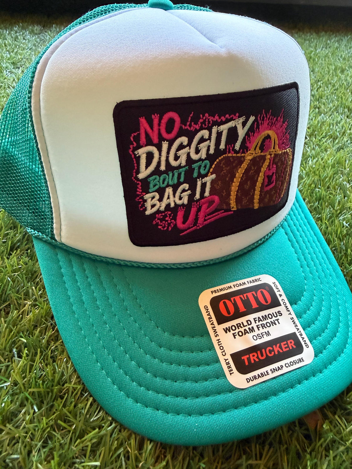 No DIggty Bout To Bag It Up embroidered patch on custom mesh trucker hat