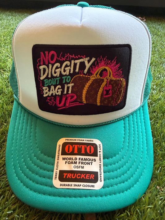 No DIggty Bout To Bag It Up embroidered patch on custom mesh trucker hat