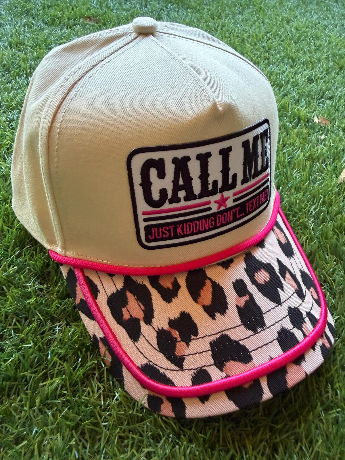 Call Me Just Kidding....Text Me embroidered patch on a custom canvas trucker with a leopard brim with hot pink detailing