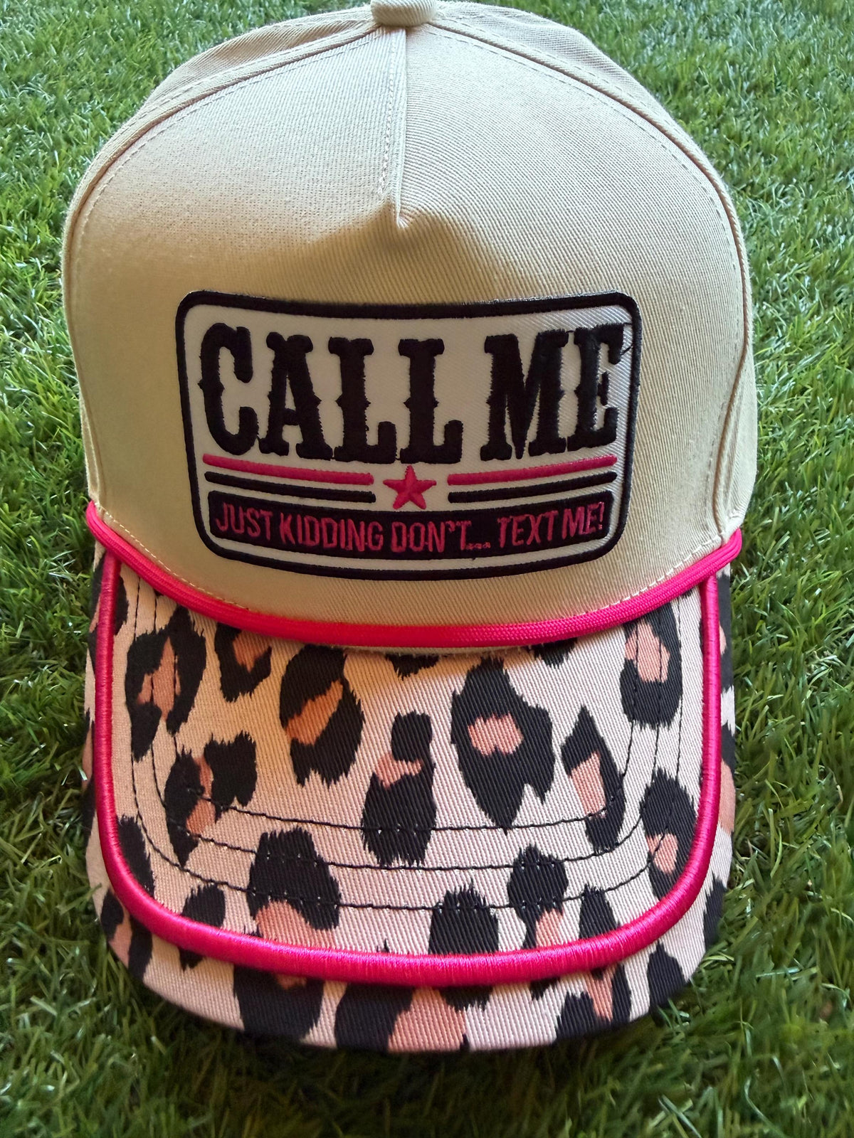 Call Me Just Kidding....Text Me embroidered patch on a custom canvas trucker with a leopard brim with hot pink detailing