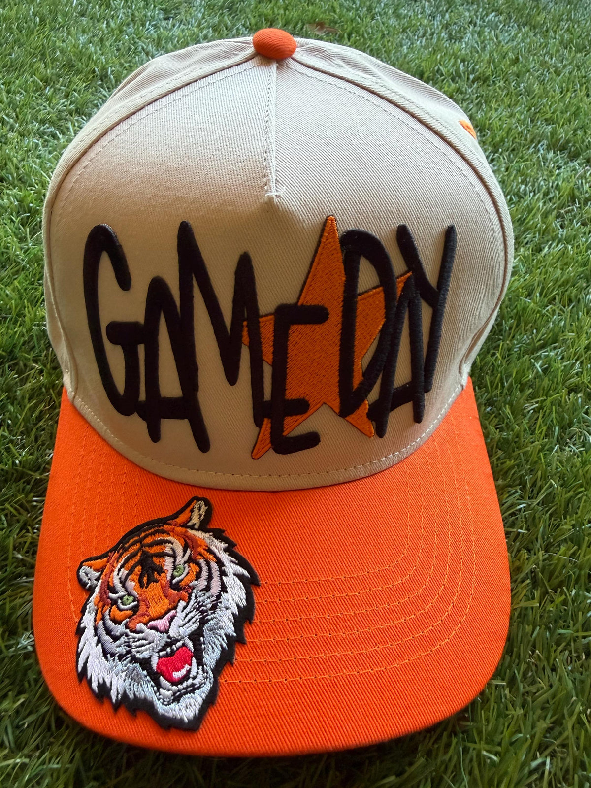 GAMEDAY GO TIGERS embroidered patch on custom canvas trucker hat with a football theme detail on side