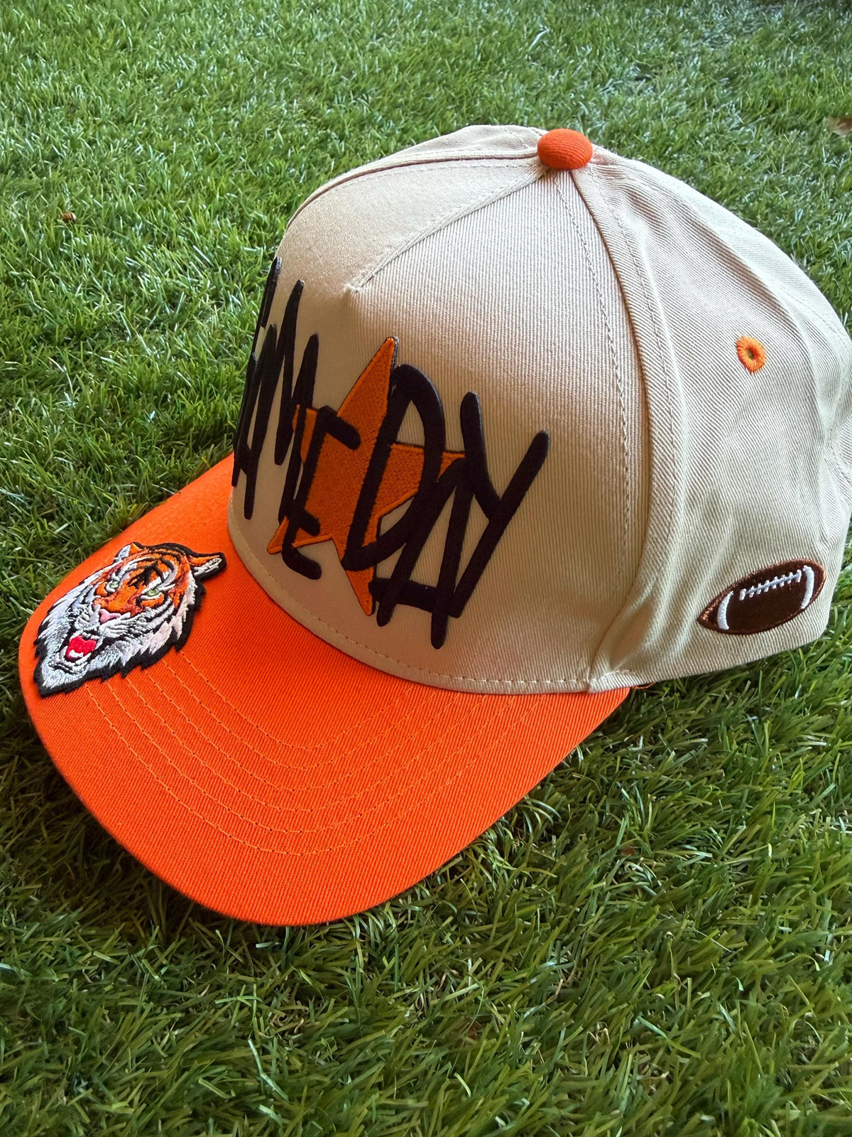 GAMEDAY GO TIGERS embroidered patch on custom canvas trucker hat with a football theme detail on side