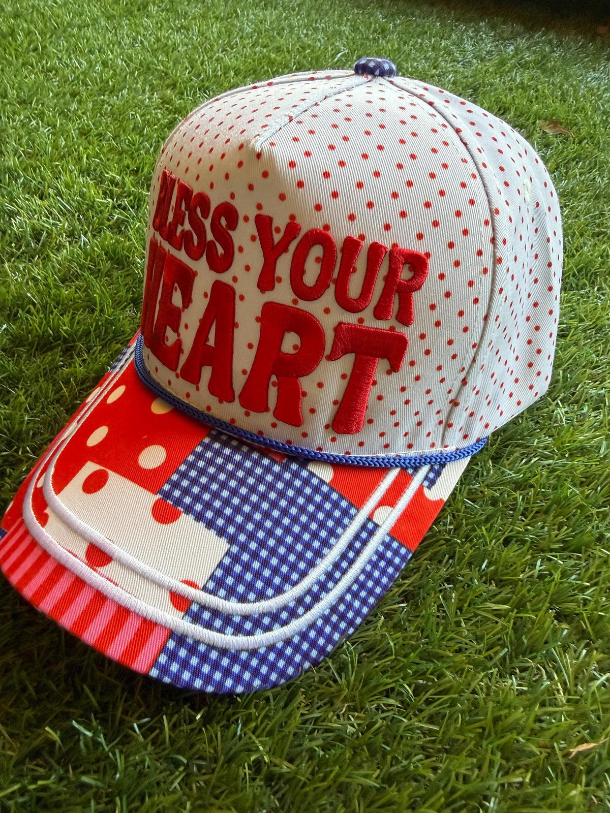BLESS YOUR HEART on custom canvas trucker hat with polka dots on hat and brim red and blue