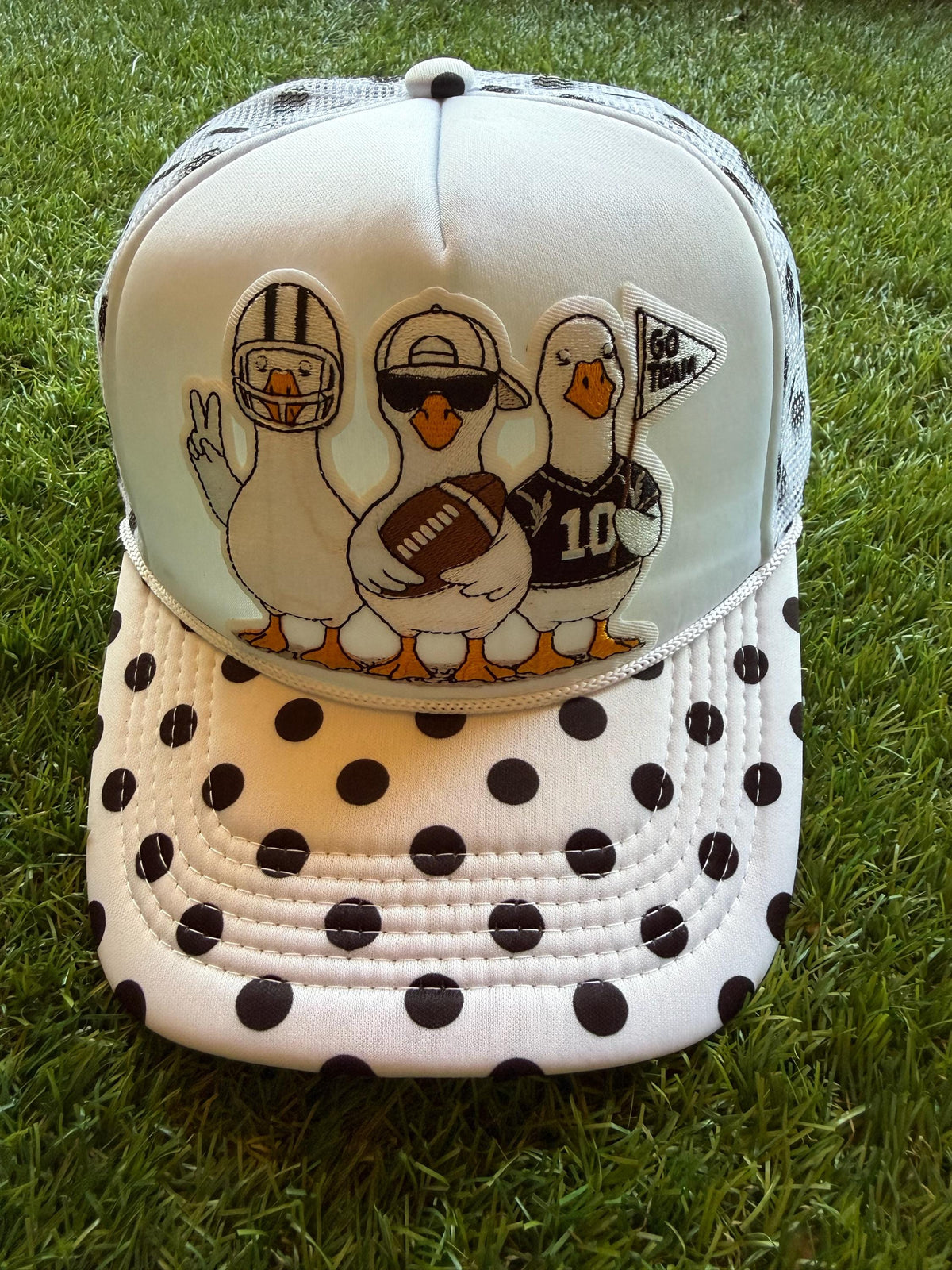 Football Goose Theme on custom mesh trucker with black polka dot