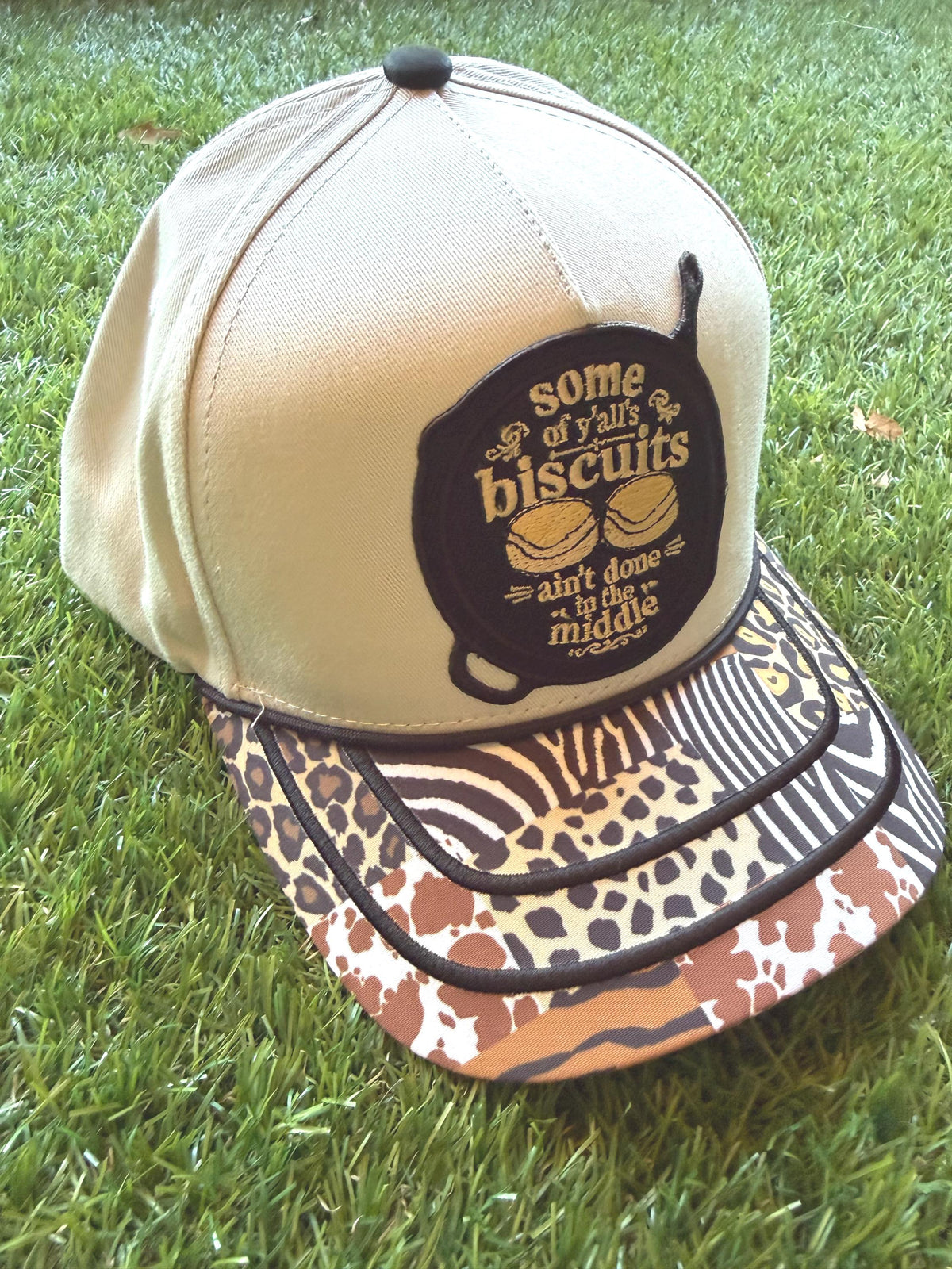 Some of Y'alls Biscuits Ain't Done In the Middle embroidered patch on custom canvas trucker with western theme brim