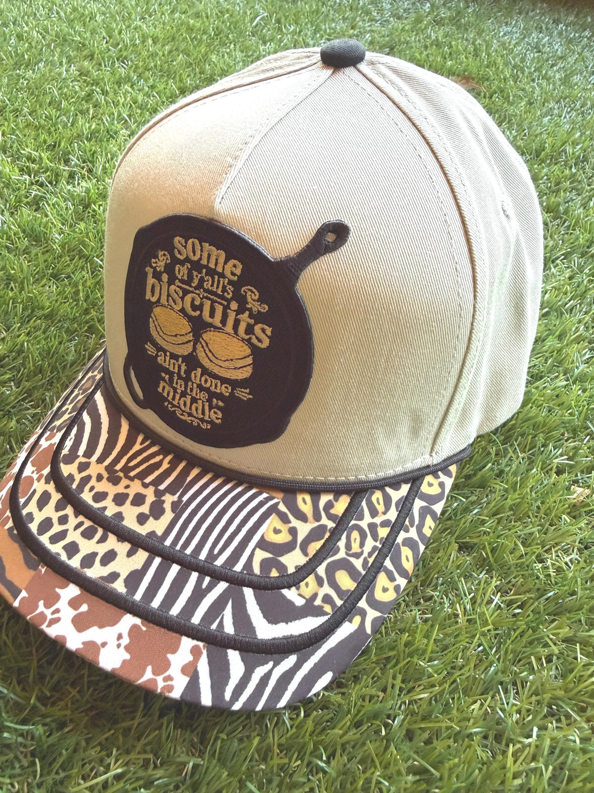 Some of Y'alls Biscuits Ain't Done In the Middle embroidered patch on custom canvas trucker with western theme brim