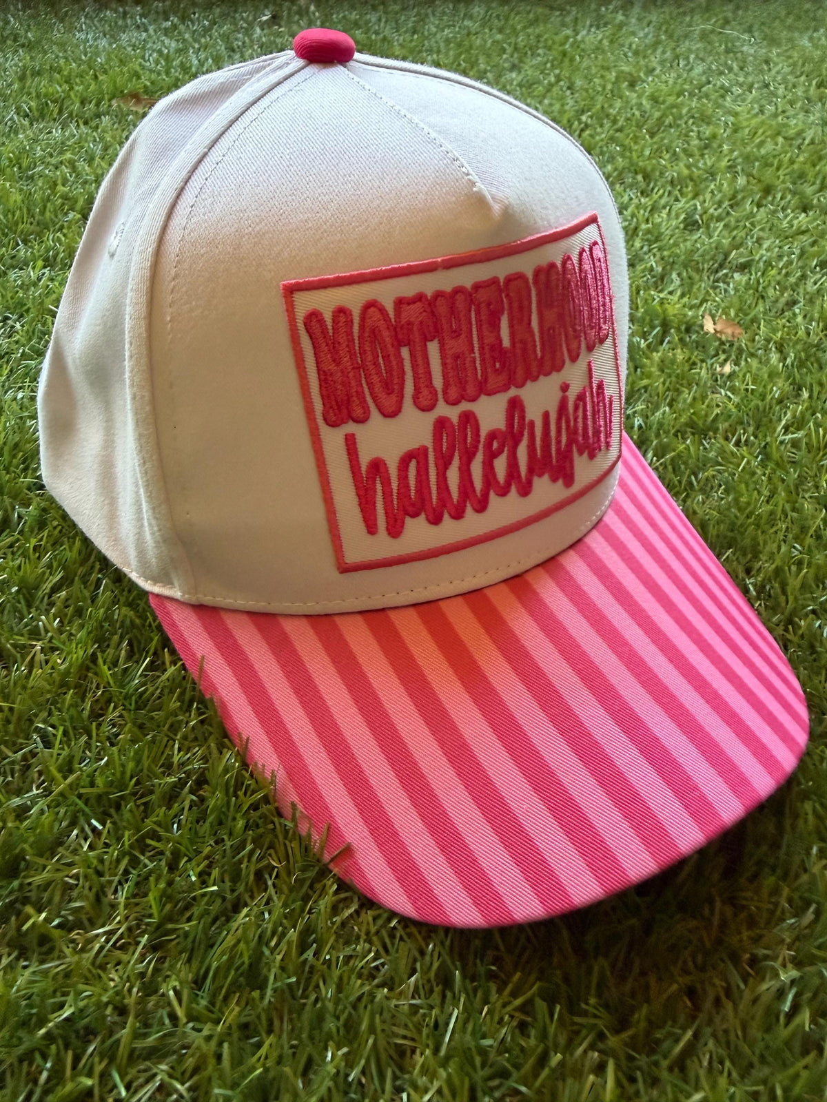 Motherhood Hallelujah embroidered patch on custom canvas trucker hat