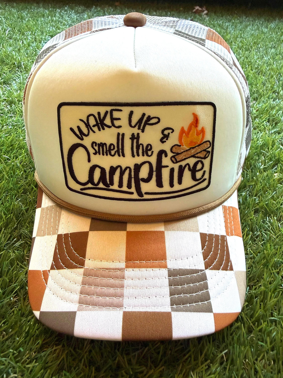 Wake Up Smell The Campfire embroidered patch on custom mesh trucker hat