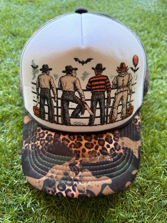 Halloween Cowboy's on custom trucker hat with leopard and camouflage print