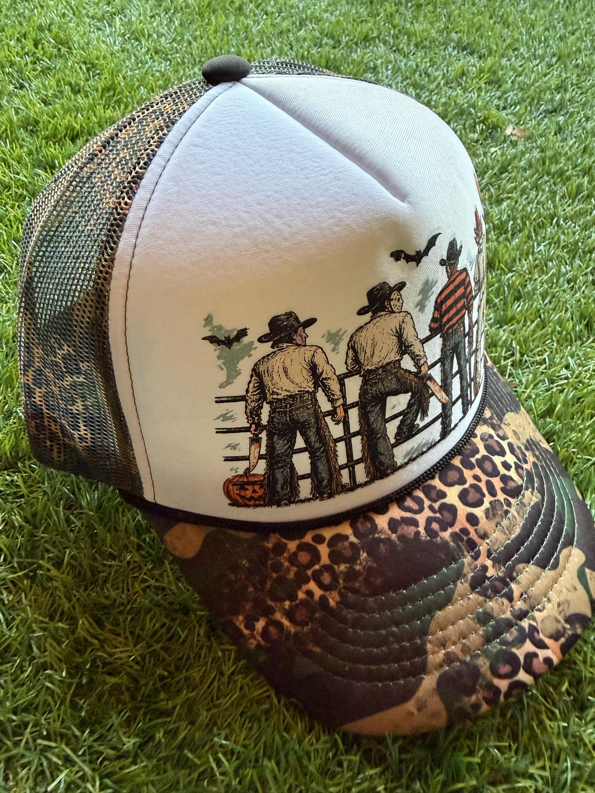 Halloween Cowboy's on custom trucker hat with leopard and camouflage print