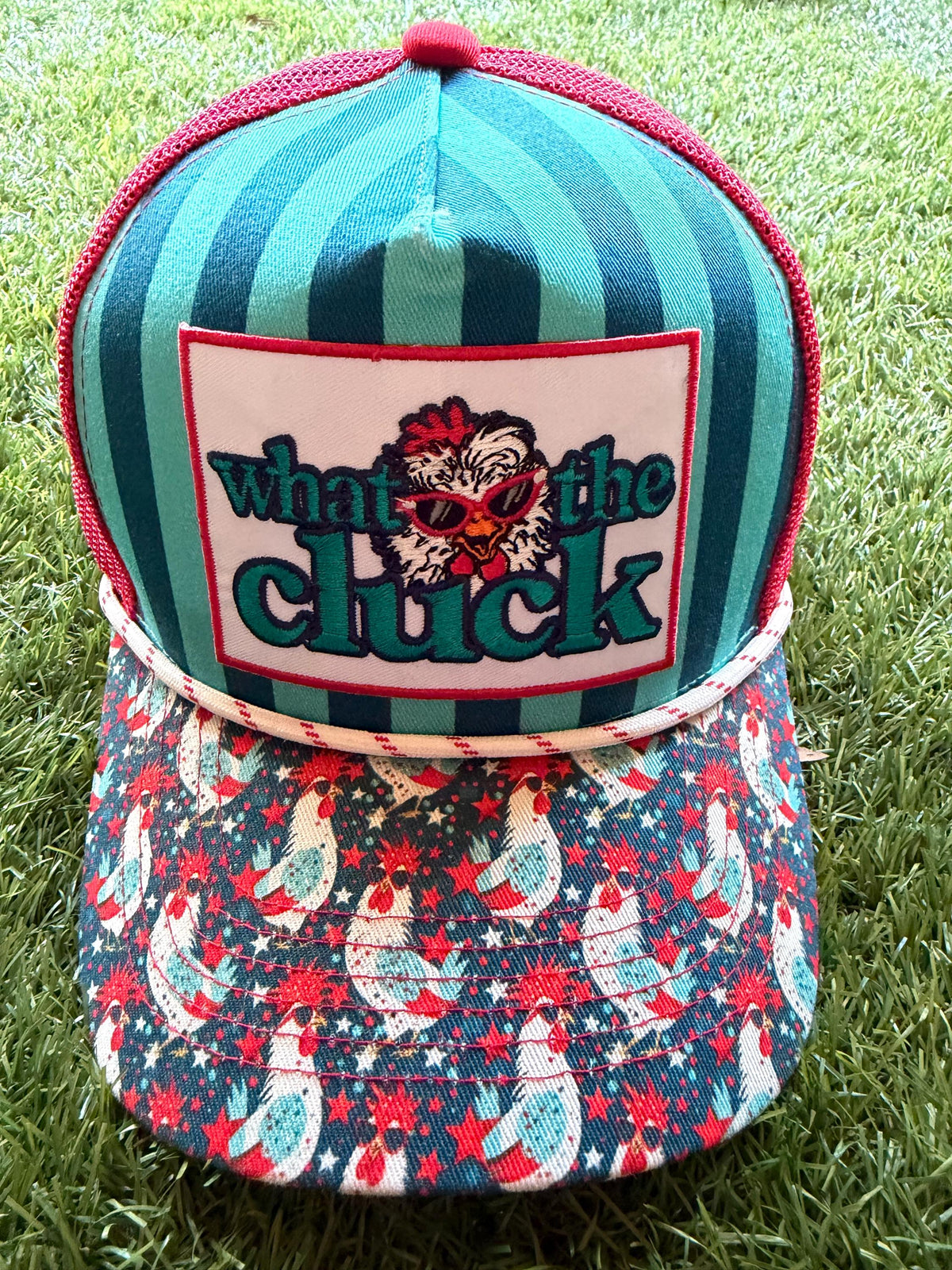 WHAT THE CLUCK embroidered patch on custom canvas/mesh trucker hat