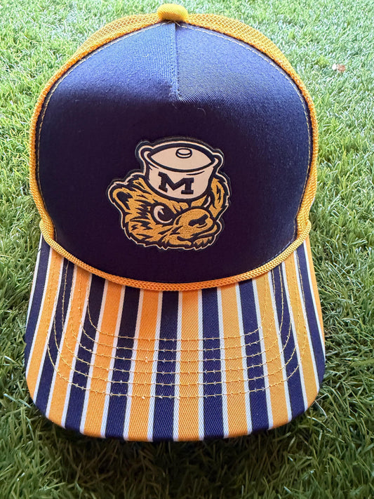 MICHIGAN maize and blue custom canvas/mesh combo trucker hat with leather patch