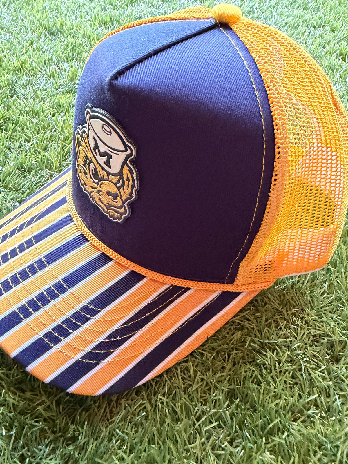 MICHIGAN maize and blue custom canvas/mesh combo trucker hat with leather patch